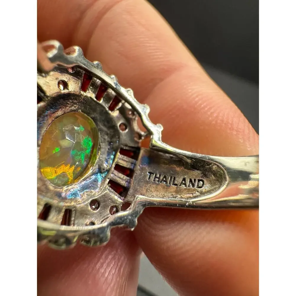 J&T Thai 925 Sterling Silver Fire Opal Ring Garnet CZ Halo Cluster Ring Sz 9.75
